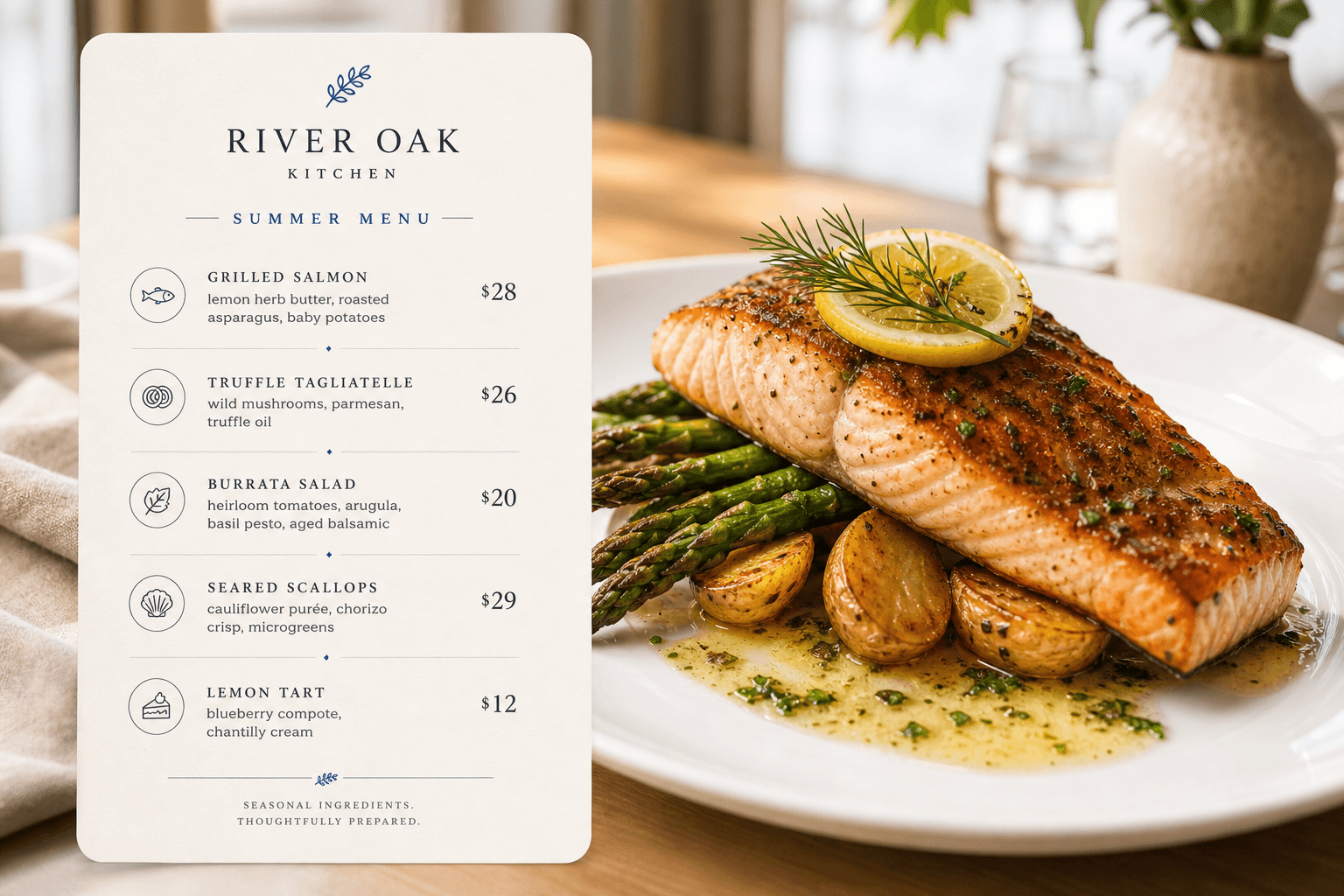 Restaurant menu and plated dish preview